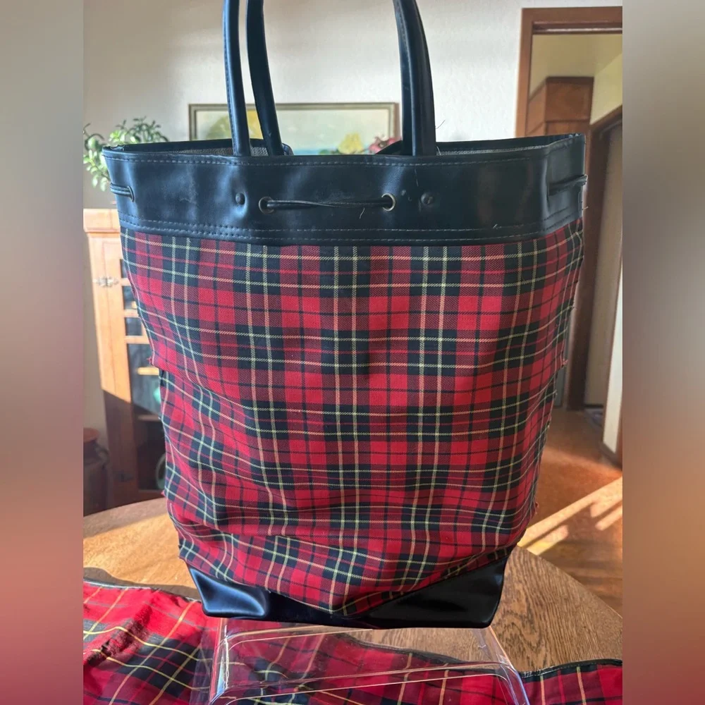 Vintage Luggage Tartan Red Plaid 3 Items. Hat Box/Zip Clothing Cover/Tall Tote